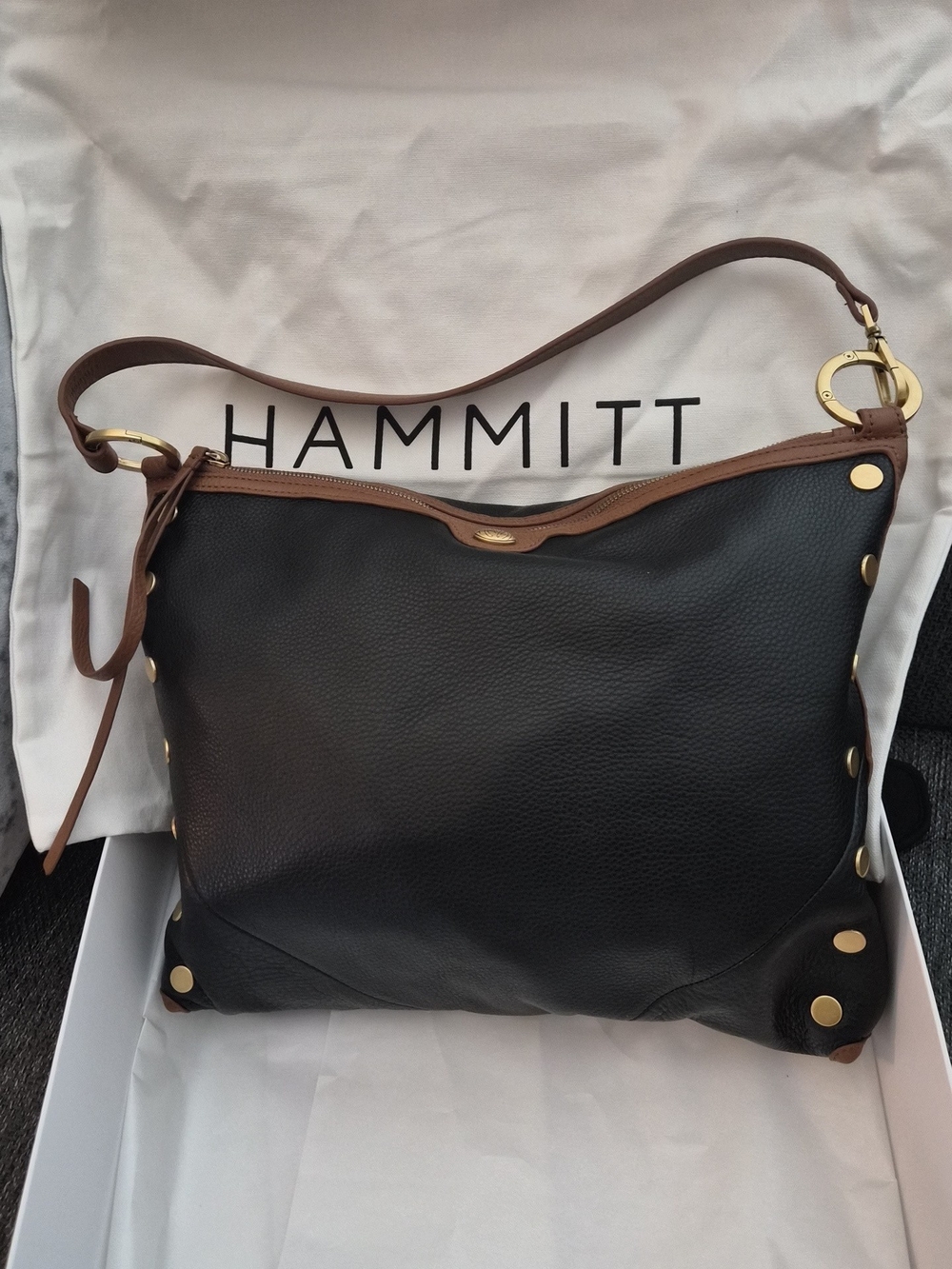 Hammitt Black Leather Shoulder Bag with Brown Trim